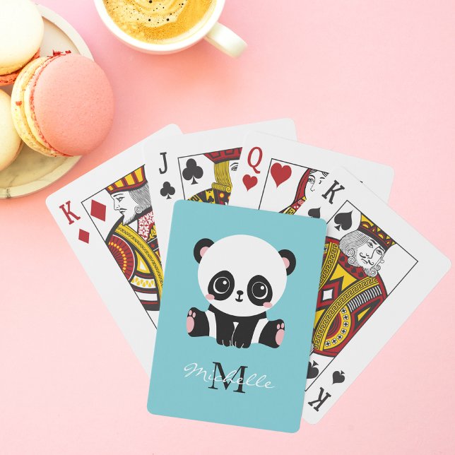 Monogram Cute Panda Personalized Bubble Gum Blue Poker Cards (Creator Uploaded)