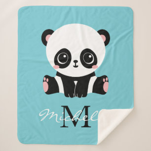 Monogram Cute Panda Personalized Bubble Gum Blue Sherpa Blanket