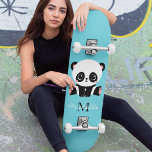 Monogram Cute Panda Personalized Bubble Gum Blue Skateboard<br><div class="desc">A cute panda bear sitting on the floor on a bubble gum blue background. Personalize with your monogram and name or delete text in text boxes for no name.</div>