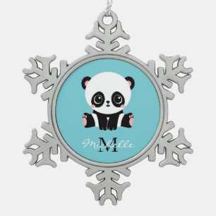 Monogram Cute Panda Personalized Bubble Gum Blue Snowflake Pewter Christmas Ornament