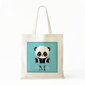 Monogram Cute Panda Personalized Bubble Gum Blue Tote Bag