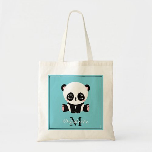 Monogram Cute Panda Personalized Bubble Gum Blue Tote Bag