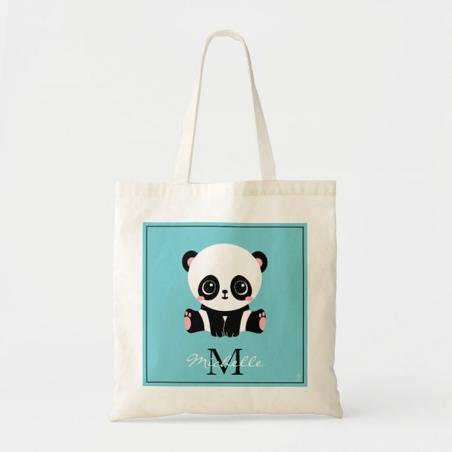 Monogram Cute Panda Personalized Bubble Gum Blue Tote Bag (Front)