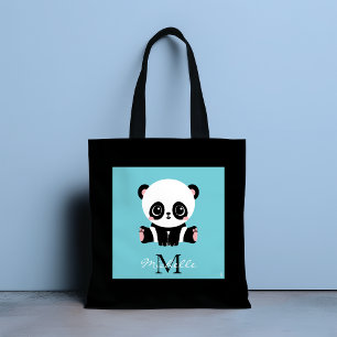 Monogram Cute Panda Personalized Bubble Gum Blue Tote Bag