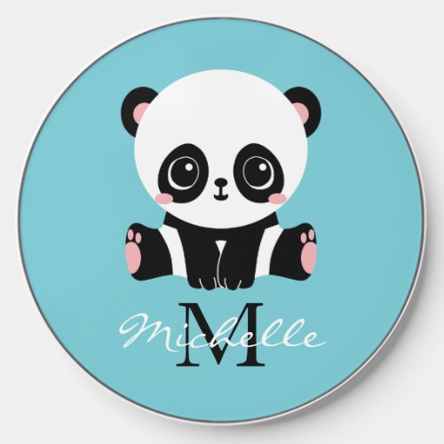 Monogram Cute Panda Personalized Name Wireless Charger