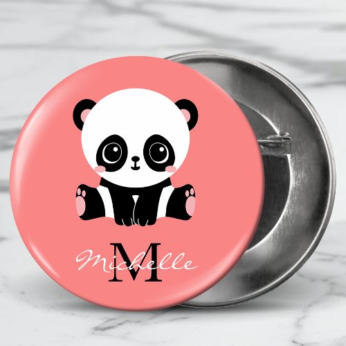 Monogram Cute Panda Personalized Pink Button