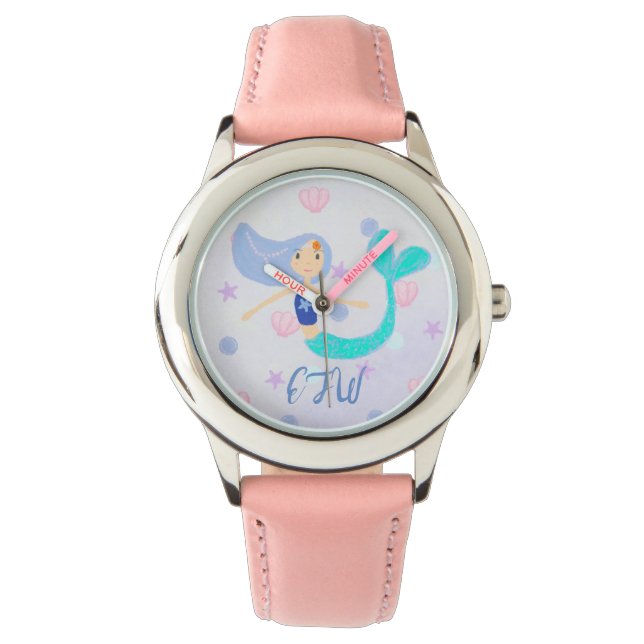 Monogram Cute Pastel Periwinkle Mermaid Princess Watch (Front)