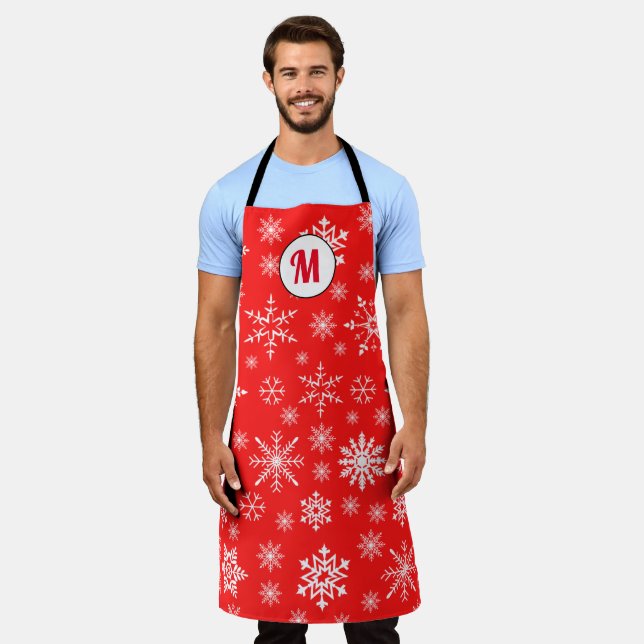 Monogram cute pattern snowflakes festive red chic apron (Worn)