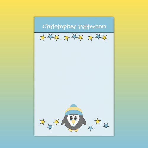 Monogram cute penguin name stars blue post_it notes