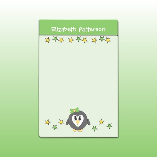 Monogram cute penguin name stars green post_it notes