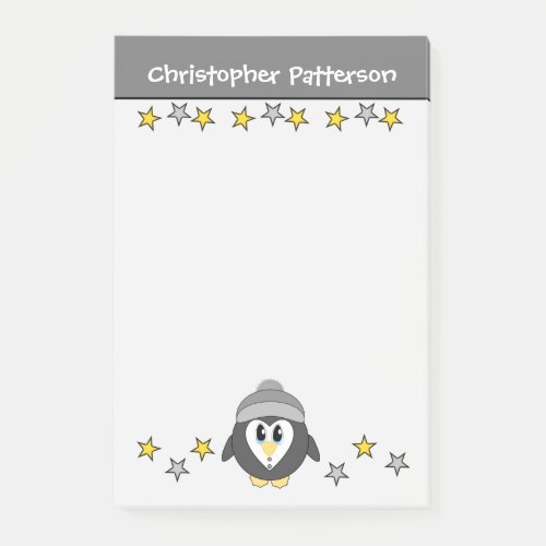 Monogram cute penguin name stars grey post_it notes