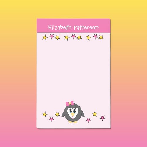 Monogram cute penguin name stars pink post_it notes