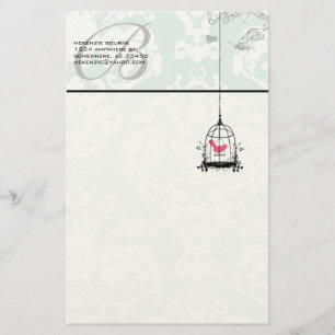 Monogram Cute Pink Bird in Birdcage Stationery