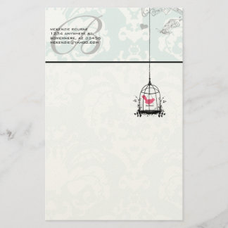 Monogram Cute Pink Bird in Birdcage Stationery