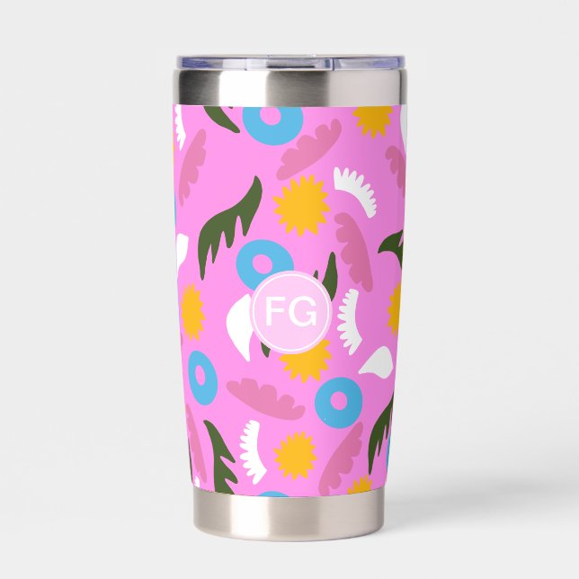 monogram cute pink bold pattern floral Bottle Insulated Tumbler (Front)