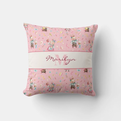 Monogram Cute Pink Easter Pattern 16x16 Throw Pillow