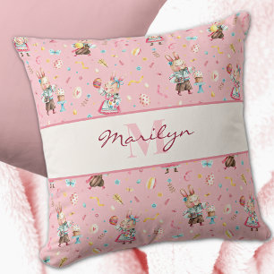 Monogram, Cute Pink Happy Easter 16x16 Throw Pillow