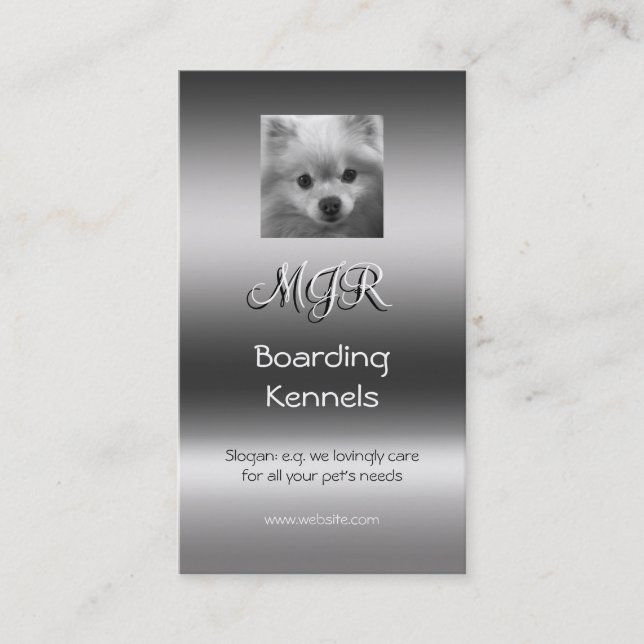 Monogram, Cute Pomeranian Puppy, metallic-effect Business Card (Front)