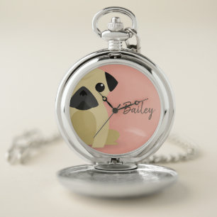 Monogram. Cute Pug Dog. Pocket Watch