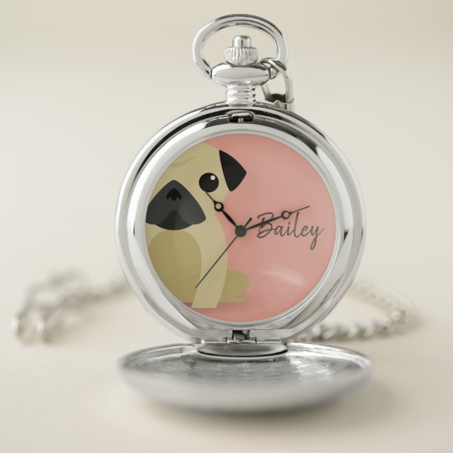 Monogram. Cute Pug Dog. Pocket Watch (Inside)