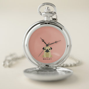 Monogram. Cute Pug Dog. Pocket Watch