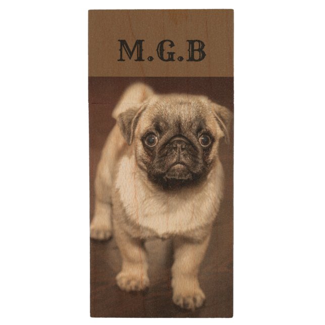 Monogram Cute Pug Puppy Photo Wood Flash Drive (Front Vertical)