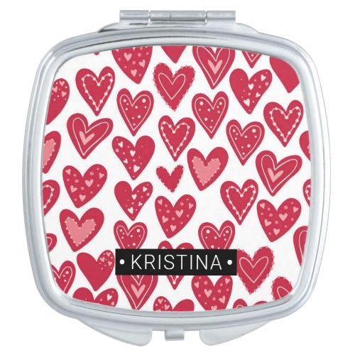 Monogram Cute Red Heart Pattern Compact Mirror