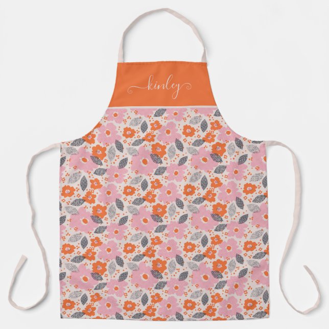 Monogram | Cute Retro Floral Pattern Apron (Front)