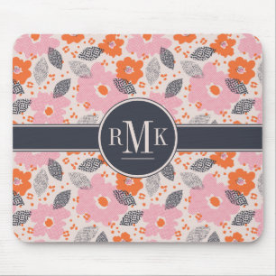 Monogram   Cute Retro Floral Pattern Mouse Pad