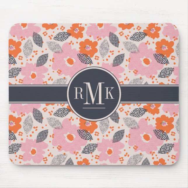 Monogram | Cute Retro Floral Pattern Mouse Pad (Front)