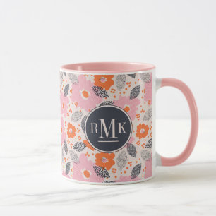 Monogram Cute Retro Floral Pattern Mug