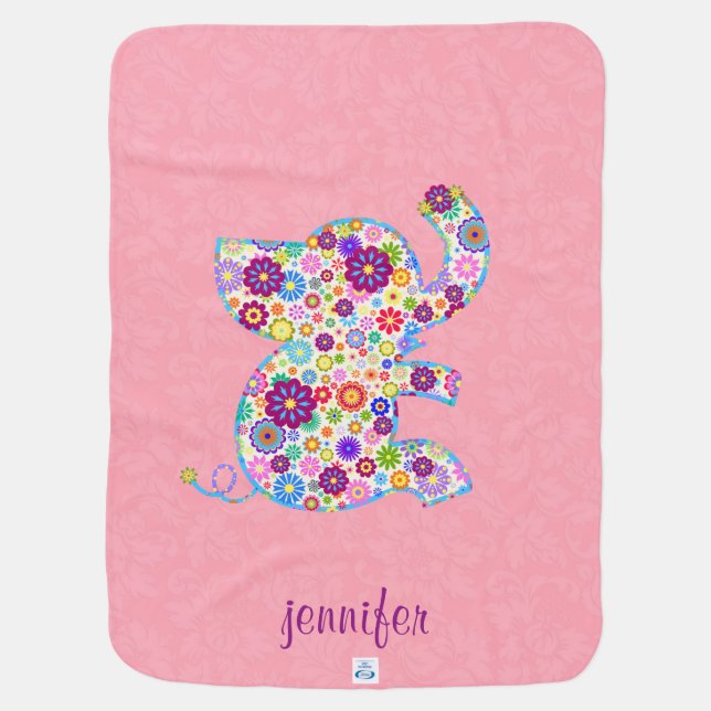 Monogram Cute Retro Flowers Cartoon Style Elephant Swaddle Blanket (Back)