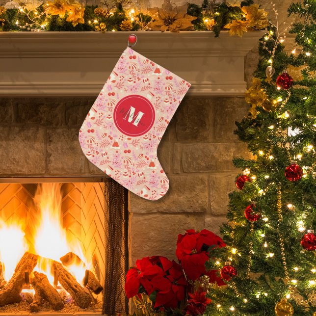 Monogram Cute Retro Style Christmas Pattern Large Christmas Stocking (Creator Uploaded)