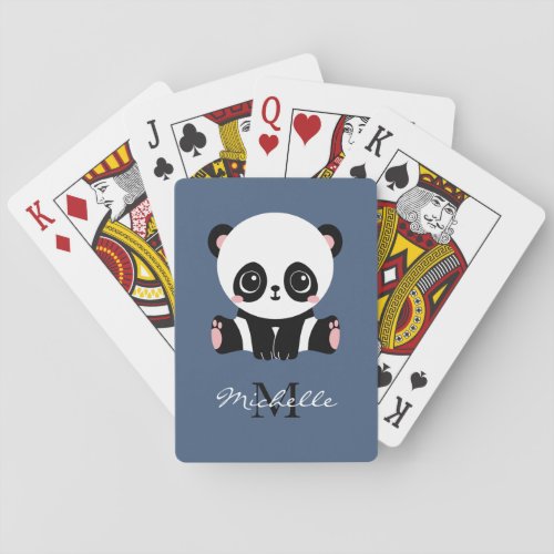 Monogram Cute Sitting Panda Personalized Blue Poker Cards