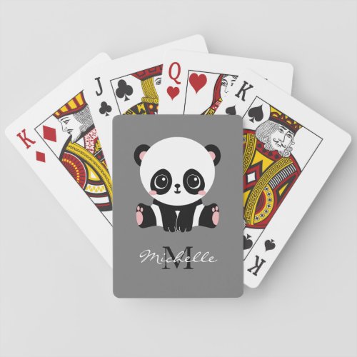 Monogram Cute Sitting Panda Personalized Gray Poker Cards
