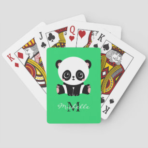 Monogram Cute Sitting Panda Personalized Green Poker Cards