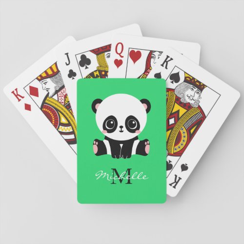 Monogram Cute Sitting Panda Personalized Green Poker Cards