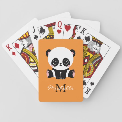 Monogram Cute Sitting Panda Personalized Orange Poker Cards