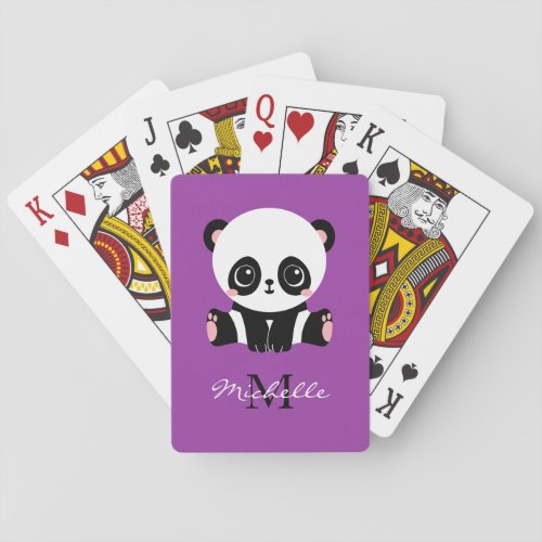 Monogram Cute Sitting Panda Personalized Purple Poker Cards