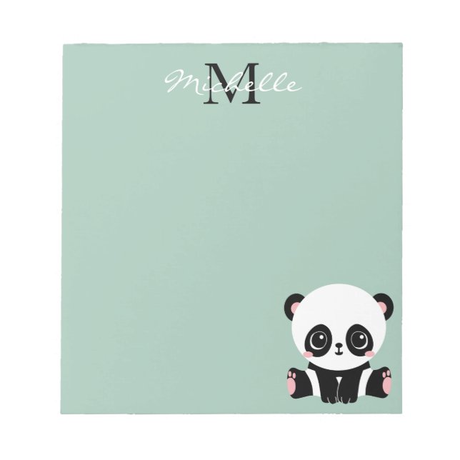Monogram Cute Sitting Panda Personalized Sage Notepad (Front)