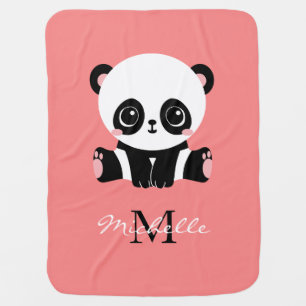 Monogram Cute Sitting Panda Personalized Salmon Baby Blanket