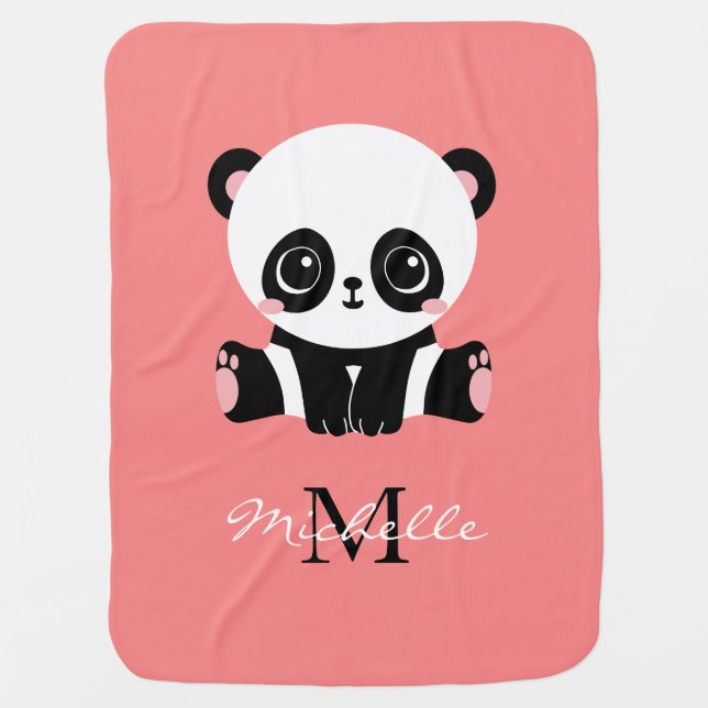 Monogram Cute Sitting Panda Personalized Salmon Baby Blanket (Front)