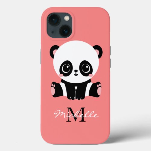 Monogram Cute Sitting Panda Personalized Salmon iPhone 13 Case