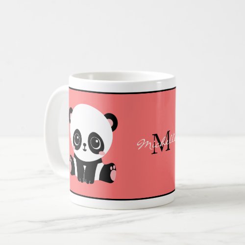 Monogram Cute Sitting Panda Personalized Salmon Coffee Mug