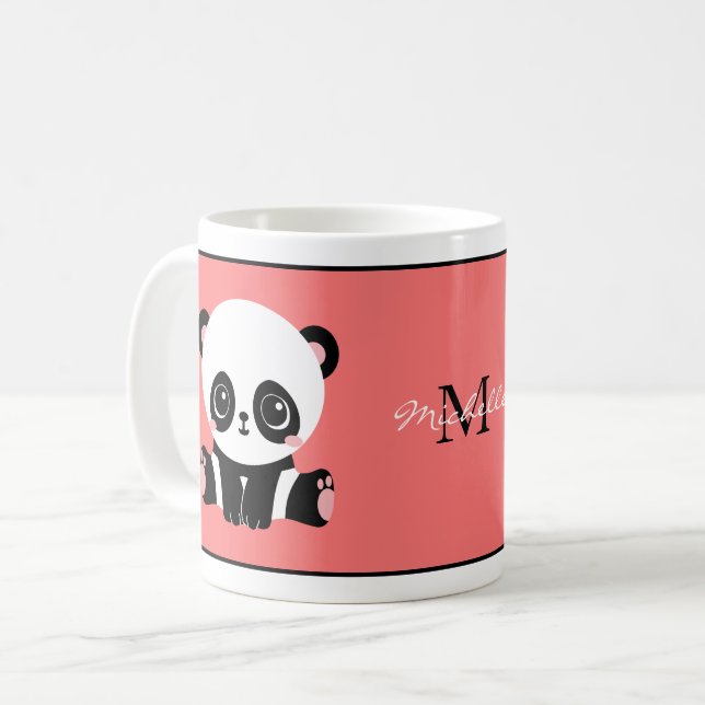 Monogram Cute Sitting Panda Personalized Salmon Coffee Mug (Front Left)