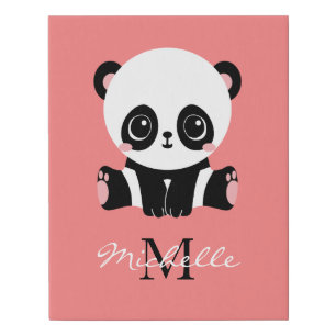 Monogram Cute Sitting Panda Personalized Salmon Faux Canvas Print