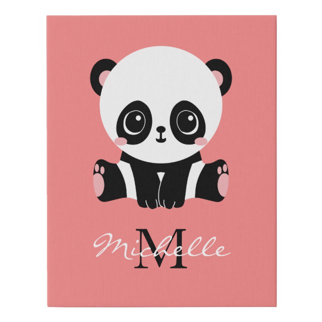 Monogram Cute Sitting Panda Personalized Salmon Faux Canvas Print (Front)