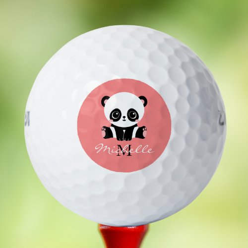Monogram Cute Sitting Panda Personalized Salmon Golf Balls