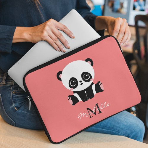 Monogram Cute Sitting Panda Personalized Salmon Laptop Sleeve