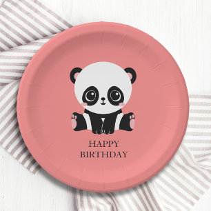 Monogram Cute Sitting Panda Personalized Salmon Paper Plates
